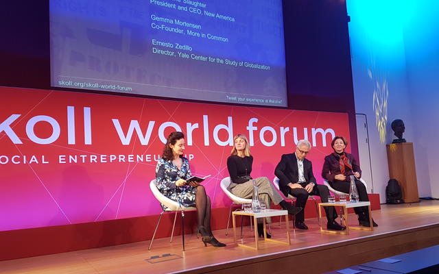 Four people on stage on the Populism and Progress panel at Skoll World Forum