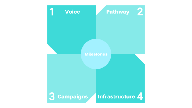 Four component blue graphic on milestones: 1. Voice, 2. Pathway, 3.Campaigns, 4.Infrastructure.