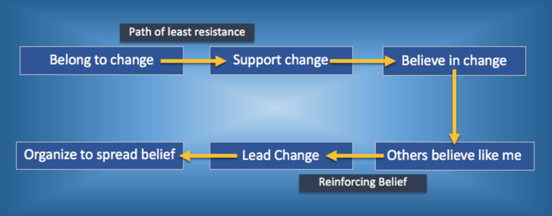 Journey of a bottom-up movement leader from start to end: 'Belong to change', 'Support change', 'Believe in change', 'Others believe like me', 'Lead change', 'Organise to spread belief'