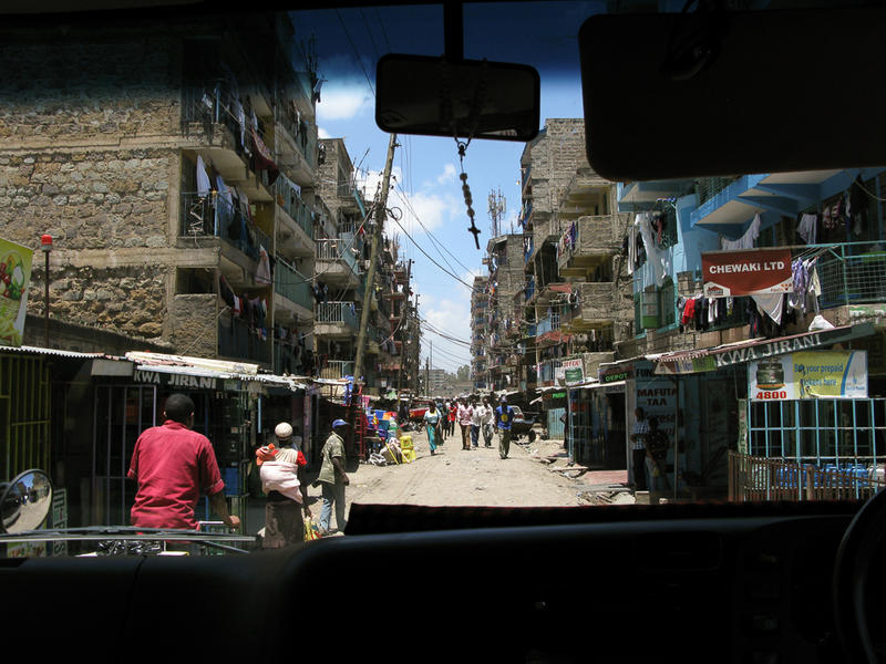 View of Mathare Slum through car windscreen