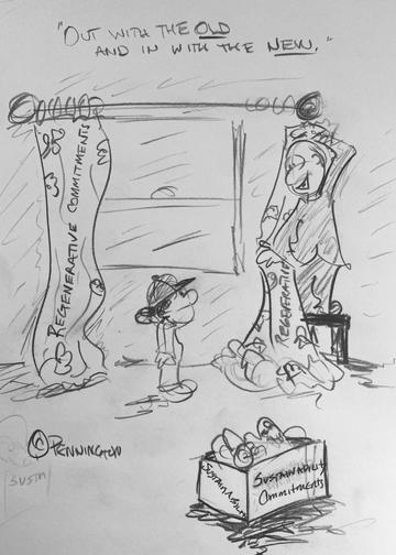 Rough cartoon sketch drawing by Dr Pennington. Image shows an older man hanging curtains on a pole looking down to a child. There is a box that has "Sustainability commitments" written on it, and the title reads "Out with the old and in with the new."